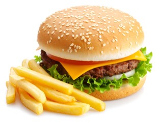 Cheeseburger and fries on white background