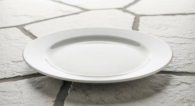 A pristine, white, empty plate rests on a light-colored, textured stone surface, reflecting soft light