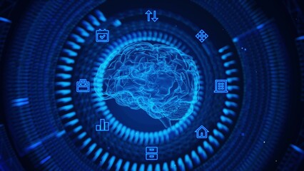 High-Tech Digital Brain with Floating Icons in a Futuristic Blue Hued Virtual Reality