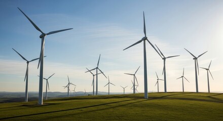 Numerous towering wind turbines on a grassy hill under a bright blue sky, blades spinning, shadows cast by the sun
