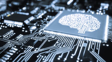 Gleaming metal and thought: the future of brain augmentation. News style. Iridescent insights: ai brain chip icon woven with detailed circuitry. Honest scene. Raw beauty.