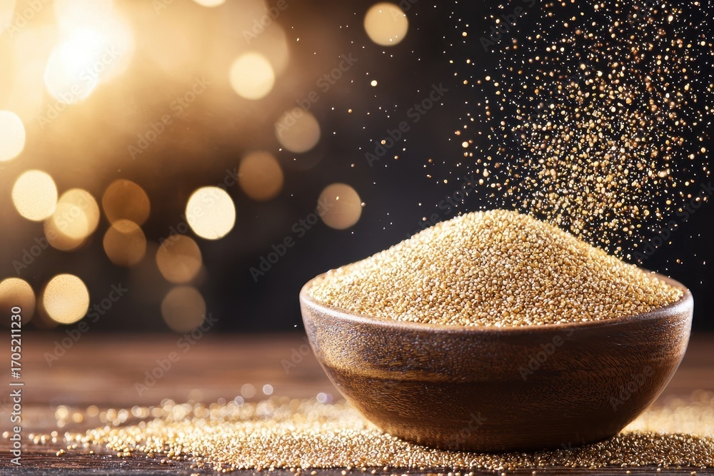 Poster a close-up image of a wooden bowl filled with fine grains, illuminated by soft bokeh lighting, creat