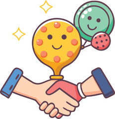 Playful icon of pickleball paddle and ball with trophy and handshake as cartoon characters.