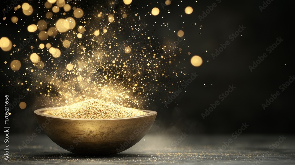 Aufkleber a shimmering bowl filled with golden particles, creating an enchanting display of light and texture 