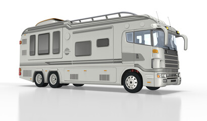 3d Luxus Wohnmobil, Camper mit 3 Achsen und Überlänge auf transparenten Grund freigestellt