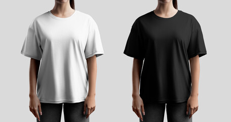 Mockup of white, black oversized, t-shirt on a girl in gray jeans, shirt with a round neckline, front view, for design, branding. Set