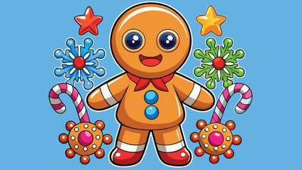 Obraz premium Cute cartoon gingerbread man character surrounded by festive christmas ornaments and snowflakes on a blue background