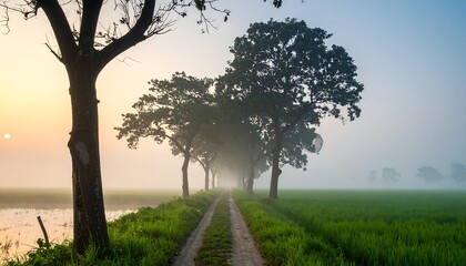 Misty sunrise path through a rice paddy