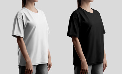 Mockup of white, black oversized, t-shirt on a girl in jeans, close-up, side view, shirt with a round neckline, for branding. Set