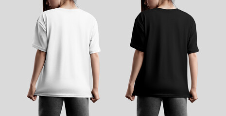 Mockup of white, black oversized, t-shirt on a girl in gray jeans, shirt with a round neckline, back view, for design, print. Set