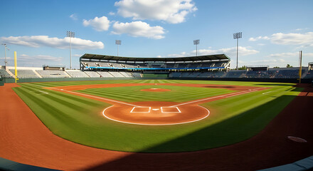 Empty baseball stadium under a blue sky with clouds. rows of seats and green field.