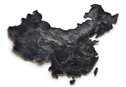 A dark, textured, leather map of China, its borders subtly embossed, rests on a stark white background - Powered by Adobe