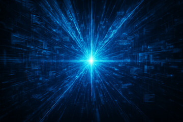 AI generated abstract digital art of glowing blue light burst with data flow and futuristic energy network symbolizing speed technology and innovation in cyberspace