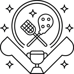 Minimal line art icon of a pickleball paddle and ball crossed inside a court outline, player silhouette holding trophy, with headband, water bottle, bag, paddle tap and handshake symbols around.