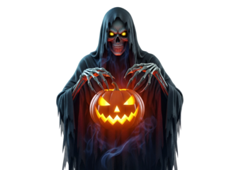 A skeletal figure in a dark cloak holds a glowing jack-o'-lantern against a black backdrop.