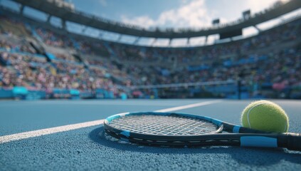 Tennis racket and ball rest on a blue court, a blurred stadium crowd fills the background under a bright sky