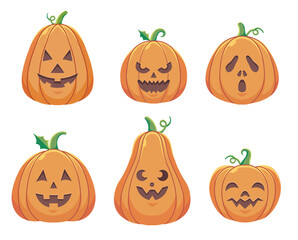 Carved Halloween Pumpkins with Face Variations. Jack O Lantern Collection Different Facial Designs

