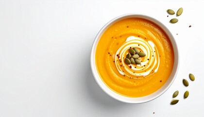 Top view of creamy pumpkin soup topped with a swirl of cream and pumpkin seeds, served in a clean white bowl on a minimalist white background.