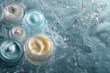 Skincare creams in glass jars surrounded by splashes of water