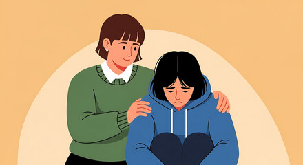 A compassionate woman offers a comforting hand to a distraught and lonely friend in need of emotional support