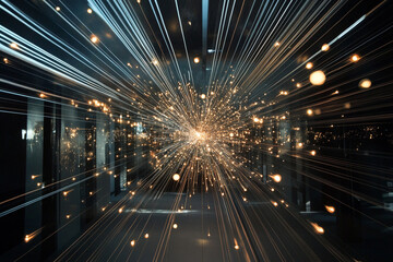 Cosmic collision visualized as an explosive burst of light and energy in a dark environment