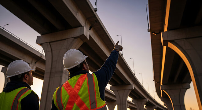Two engineers with hard hats and safety vests inspecting a bridge during sunset, one pointing upwards.
