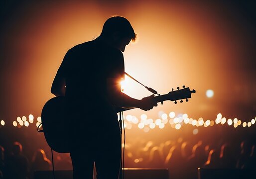 Silhouette of musician performing acoustic guitar under spotlight stage