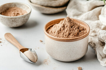 Protein powder container with a serving scoop on a countertop surrounded by bowls and a cloth