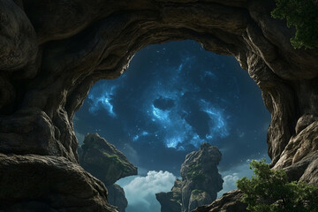 Cosmic landscape with rifts revealing vibrant stars and ethereal clouds in a surreal rock formation