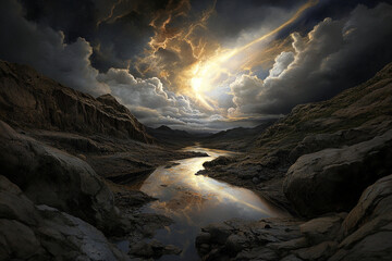 Cosmic landscape featuring rifts revealing glimpses of celestial wonders in a dramatic natural setting