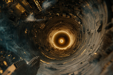 Cosmic tunnel visualized with swirling glowing patterns and urban landscapes in a mesmerizing spiral formation at twilight