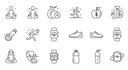 A simple line art icon set illustrating concepts of wellness, physical activity, nutrition, and health tracking technology for a modern lifestyle