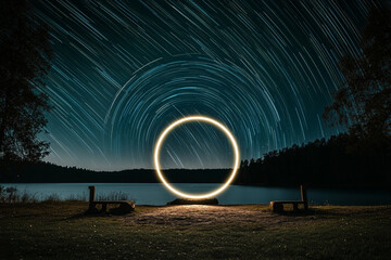 Cosmic wormhole visualized as a glowing portal in a starry night sky near a serene lake