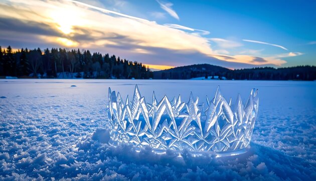 Frozen crown on a snowy lake at sunset