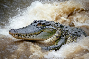 Crocodile resting quietly at the edge of a murky riverbank amid flowing water and stirred soil