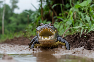 Crocodile opens jaws wide on the riverbank in a tropical environment during a sunny day