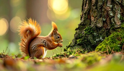 Red Squirrel Eating Nut in Autumn Forest Sunlight.