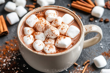 Delicious cup of cocoa with marshmallows and a sprinkle of cocoa powder on a cozy table