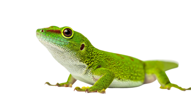 green gecko looking up, isolated on white background, transparent PNG,