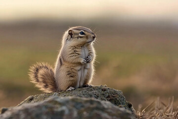Chipmunk poised on a rock, scanning the surroundings for food in the early morning light