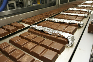 Chocolate factory production line showcasing wrapped bars moving along the conveyor belt