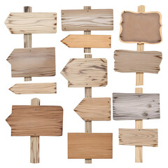Collection of wooden signs for directions and information, isolated on a white background