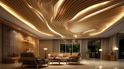 Sophisticated living room featuring a contemporary wooden wave ceiling design and warm ambient