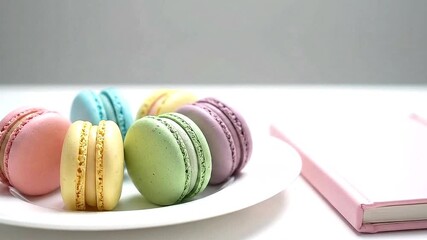 Six colorful macarons on a white plate next to a pink book - Powered by Adobe