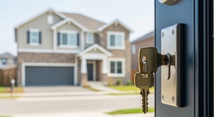 Homeownership concept with front door key in modern suburban house