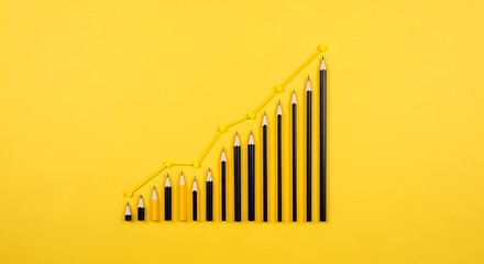 Obraz premium Pencils arranged as a growing graph line represent business growth and success on yellow background