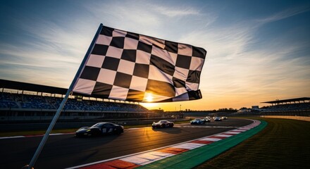 Sunset racing victory: checkered flag marks finish line at motorsport competition - dynamic motorsport action scene