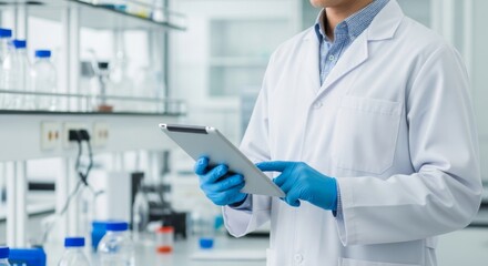 Scientific research and analysis in modern laboratory setting with scientist using digital tablet for data collection