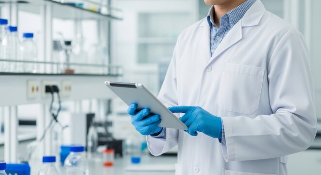 Scientific research and analysis in modern laboratory setting with scientist using digital tablet for data collection