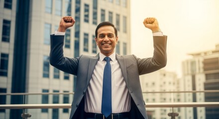 Confident businessman celebrating success in urban environment for motivation and achievement concepts
